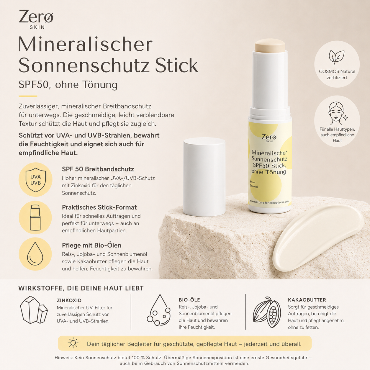 Mineralischer Sonnenschutz SPF50 Stift, ohne Tönung - 12 g