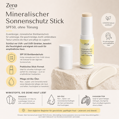 Mineralischer Sonnenschutz SPF50 Stift, ohne Tönung - 12 g